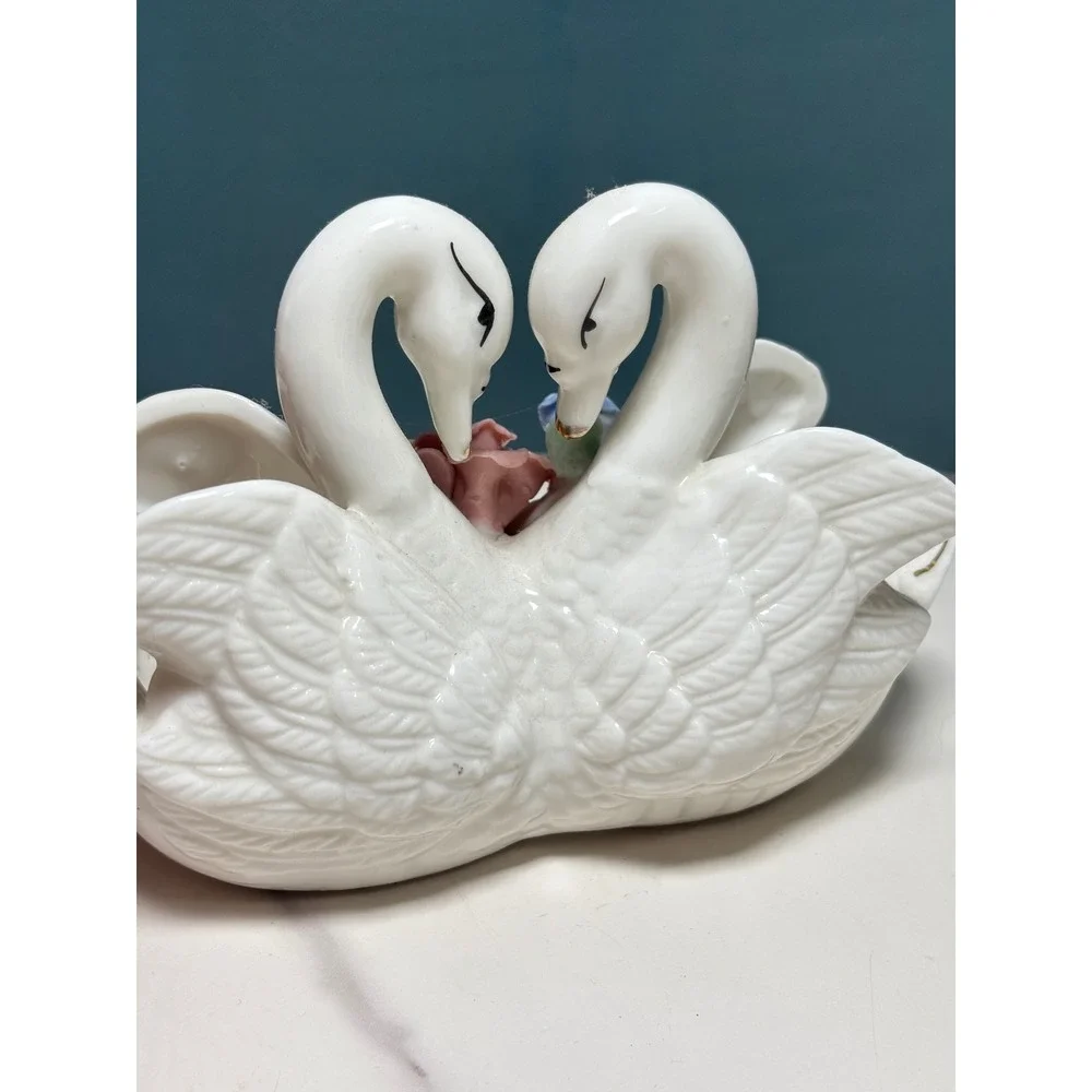 Vintage Porcelain Double Swan Planter Trinket Ring Dish Applied Roses White